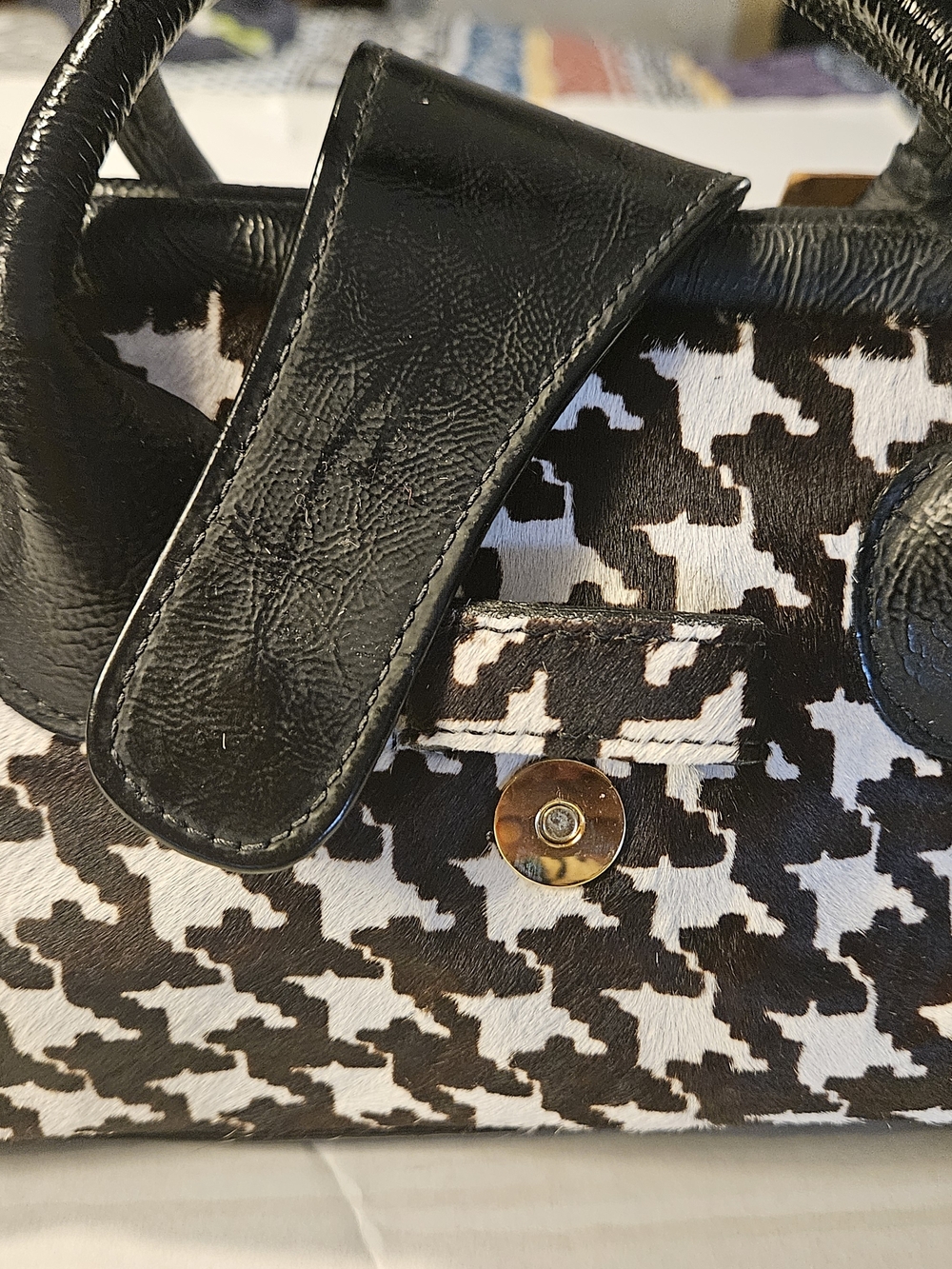 Clever Carriage Calf Hair Black & White Houndstooth Satchel with Black Trim - Picture 16 of 16